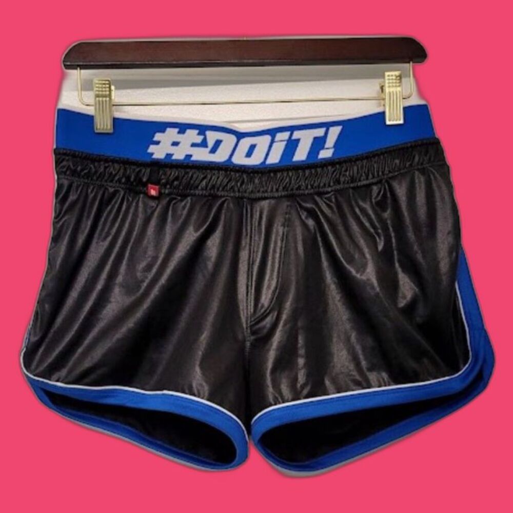 DOiT Shiny Split Running Shorts Built-In Jockstrap Black Blue Gay Pride Sz. L - Picture 4 of 10